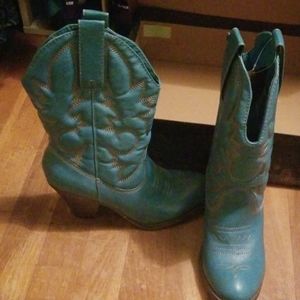 Teal mid calf cowboy boots with a 2 inch heel